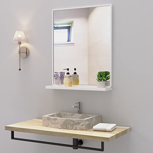 WONSTART Bathroom Mirror with Shelf, White Rectangle Wall Mirror for Living Room Bedroom Entryway, Bathroom Mirrors for Wall, Hanging Mirror for