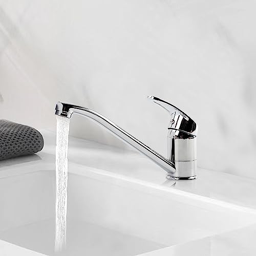 Kitchen Sink Mixer Tap, Single Top Lever Swivel Long Spout Monobloc Hot and Cold Water Kitchen Faucet Chrome Kitchen Tap with 2 Hoses