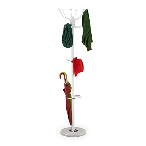 Relaxdays Coat Stand with Umbrella Stand, 16 Hooks, HD 176.5 x 36.5 cm, Marble Base, Standing Coat Rack standing White