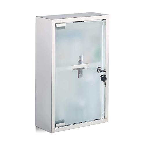 Relaxdays Stainless Steel Cabinet, Glass Door, 2 Compartments, Lockable, Home Pharmacy, Shiny, Silver, H x W x D: app. 40 x 25 x 11 cm