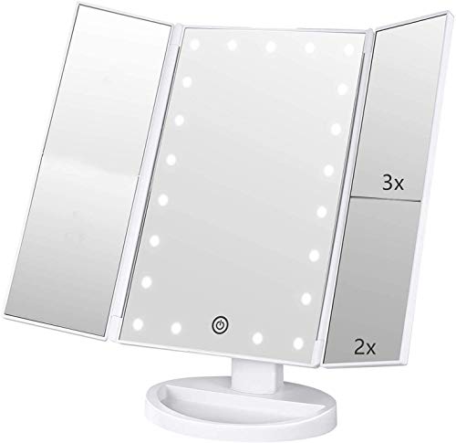 Makeup Vanity Mirror with Lights,1x 2x 3x Magnification, 21Leds Light and Touch Screen,180 Degree Rotation,Dual Power Supply, Portable Trifold Tr