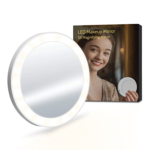 LED Lighted Magnifying Mirror 5X - with Suction Cup, Dimmable Light, Rechargeable, Portable Travel Makeup Vanity Bathroom Shaving Mirror for Clos