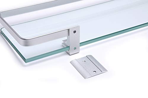 BSM Marketing Rectangular 8mm Toughened Glass Shelf 500mm x 120mm (20”x5” approx) With Aluminium Rail And Wall Brackets Bathroom Bedroom Kitchen