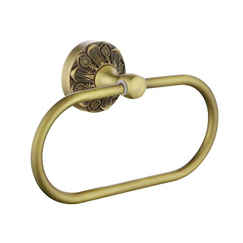 Lucyound Antique Gold Oval Towel Ring, Hand Towel Holder Wall Mounted, Vintage Decor Bathroom Accessories, Brass Petal-Relief Series