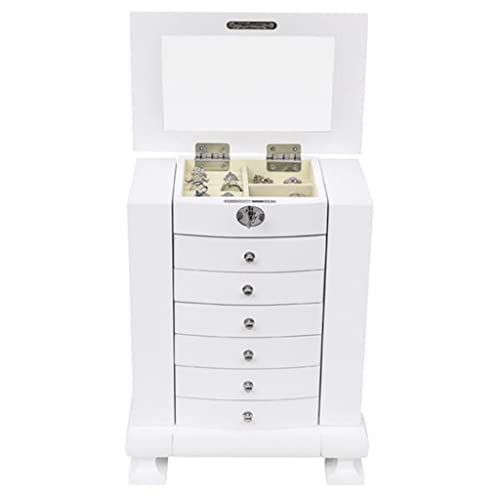 FGHOEV Handcrafted Wooden Jewelry Box Organizer Wood 7 Layers Case with 6 Drawers-White