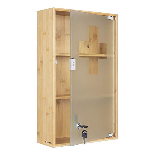 Navaris Medicine Cabinet - Lockable Bamboo Cabinet with First Aid Cross, Tempered Glass and Magnet Closing - Wall Mounted Bathroom Cabinet