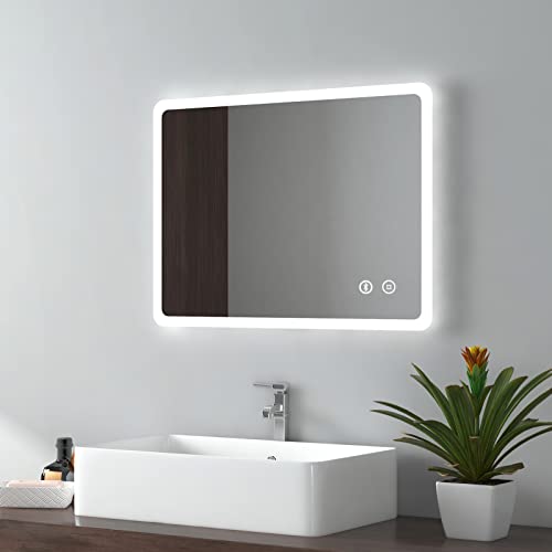 EMKE 450 X 600 mm Backlit Illuminated Bluetooth Bathroom Mirror with Shaver Socket, Wall Mounted Multifunction Bathroom Vanity Mirror with LED Li