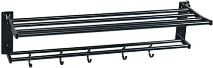 Wall Mounted Bathroom Towel Rail Space Aluminum Double Layer Folding bathroom towel rack Bathroom bathroom towel rack with Hooks for Bathroo/60Cm