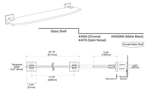 Gatco 4056MX Elevate Bathroom 8mm Tempered Glass Shelf, Matte Black, 20.13"