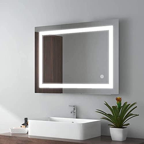 EMKE 500 x 700mm LED Illuminated Bathroom Mirror with Shaver Socket | Touch Switch | Demister Pad, Wall-Mounted Vanity Multifunction Mirror, Ener