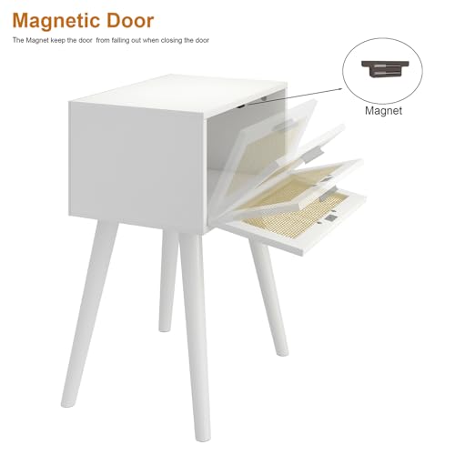 LAATOOREE Nightstand Set of 2, Small End Table with Rattan Door, Bedside Table with Solid Wood Feet, Boho Side Table for Bedroom Living Room Smal