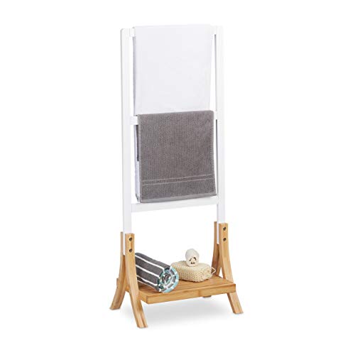 Free-Standing Bamboo Towel Holder, H x W x D 104 x 41 x 28.5 cm, 3 Rails and 1 Shelf, Clothes Stand, Natural Brown, White