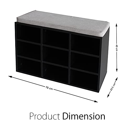 PALAKLOT 9-Cube Storage Bench – Shoes Cabinet With Padded Seat – Perfect For Entryway, Bedroom And Living Room – 78.5X49X29.5cm (Black)