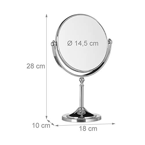 Relaxdays Magnifying Vanity Mirror, Round Standing Makeup Mirror, Cosmetics, Two-Sided, HWD: 28x18x10cm, Silver