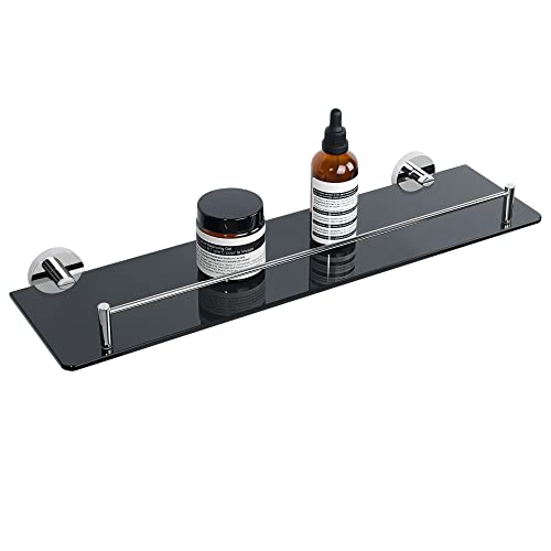 Mooche Tempered Glass Shelf Bathroom Shelf with Rail Wall Mounted 15 Inch, SUS304 Stainless Steel Golden Bracket and Black Tempered Glass, GDL538