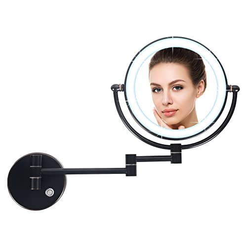 DOWRY Wall Mounted Magnifying Mirror with Light 5x,Gold Extendable Mirror,LED Illuminated Shaving Mirror,360 ° Rotatable Double Sided Mirror,Ø20c