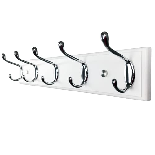 lomejii 5 Silver Hooks Wooden Wall Coat Rack, White 44 cm, Strong Hook Rack for Hanging Clothes, Hats, Backpacks, Great Modern Wardrobe for Entra