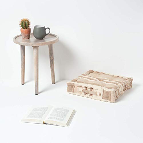 HOMESCAPES Morocco Striped 100% Cotton Floor Cushion Beige 40 x 40 x 8 cm Square Indoor Garden Dining Chair Booster Seat Pad Cushion