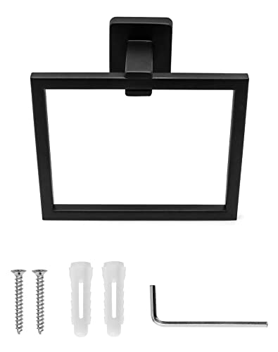 QWORK® Black Towel Ring Towel Holder, Wall Mounted Bathroom Shower Hand Towel Holder Hanger, Modern Square Style