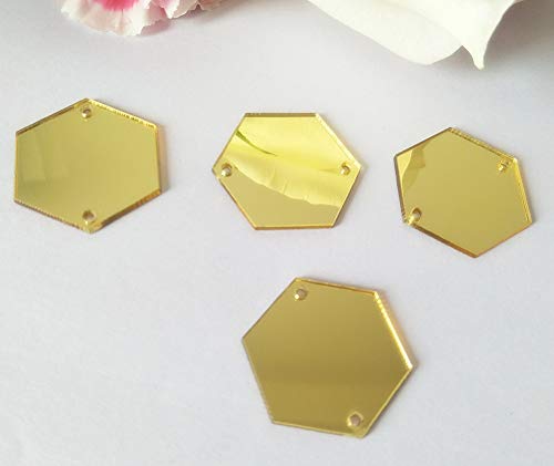MEYA Sew On Hexagon Acrylic Mirror Beads, Mirror Diamante Rhinestone Crystal Flat Back Mirror Beads with Hole (Gold)