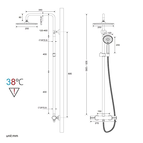 Rainsworth Thermostatic Shower Mixer Set, Height Adjustable Mixer Shower System with 25cm Round Overhead Rainfall Shower and High Pressure 3 Jets