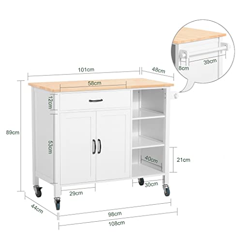 DINGZZ Design Kitchen Trolley with Worktop Kitchen Island Kitchen Cabinet Trolley Sideboard on Wheels White Natural