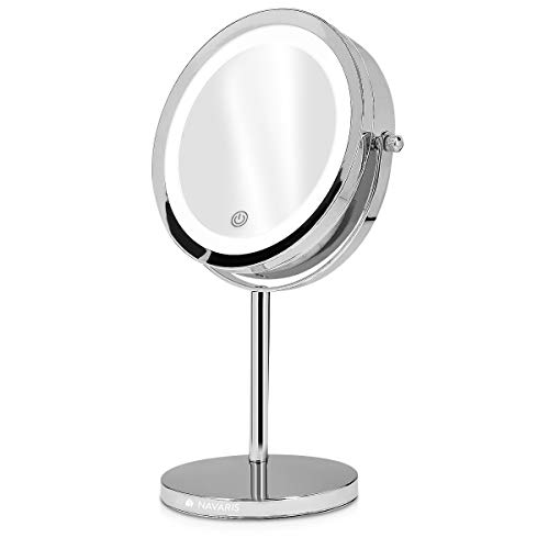 Navaris LED Illuminated Makeup Mirror - Two-Sided Vanity Mirror with Normal and 5x Magnification - 360° Cosmetic Mirror with Touch Screen - Silve