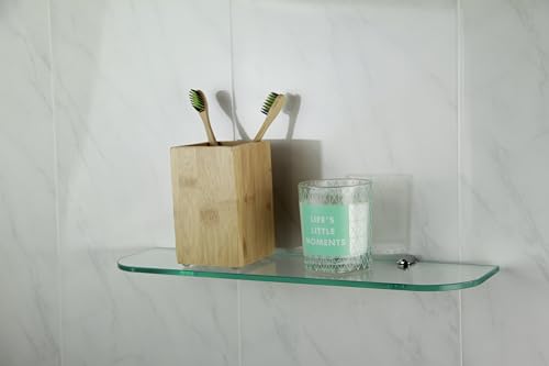 BSM Marketing 400mm x 100mm Toughened 6mm Glass Shelf with Curved Corners and Chrome Finish Supports