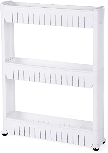 SONGMICS 3-tier Slide Out Storage Tower Kitchen Storage Rack Bathroom Shelf with Wheels 72.5cm White KTR03W