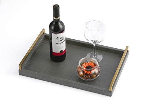 WV Decorative Tray Dark Grey Faux Shagreen Leather with Brushed Gold Stainless Steel Handle ,Serving Tray for Coffee Table, Ottoman in Living Roo