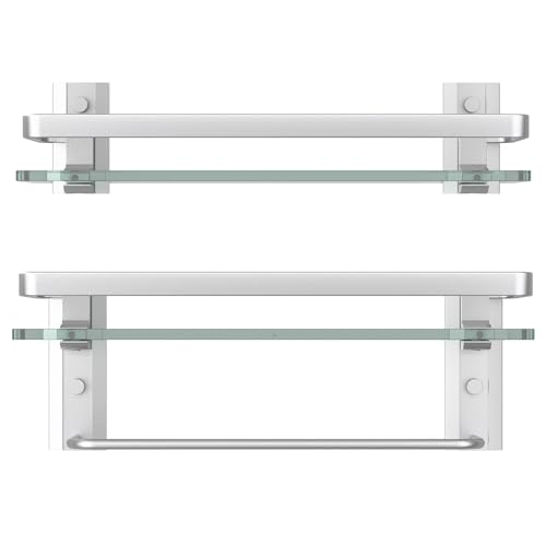 Danpoo Bathroom Shelves Wall Mounted, Tempered Glass Bathroom Shelf with Towel Bar(2 Tier, Matte Silver)