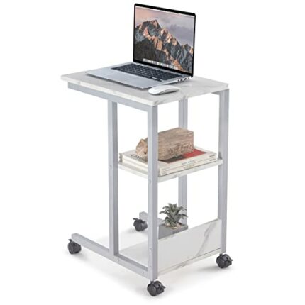 Sunon End Table with Brake Casters, Mobile Sofa Table Side Table with 2 Tier Storage Shelves, Laptop Stand C-Shaped Little Coffee Table on Wheels