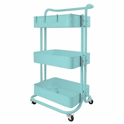 3-Tier Metal Rolling Utility Cart with Handle, Utility Organizer Cart-Multi-Functional Storage Trolley for Office, Living Room, Kitchen, Movable