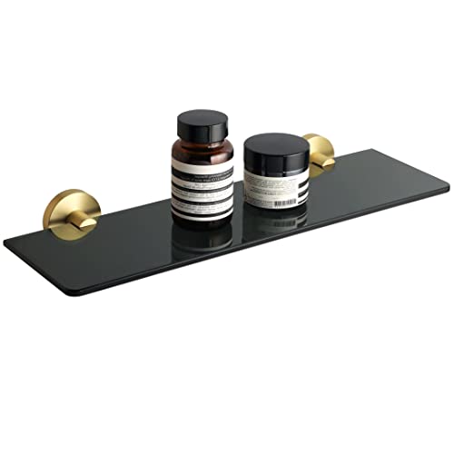 Mooche Bathroom Shelf Tempered Black Glass Shelf Wall Mounted 15 Inch Shower Storage Shelves with SUS304 Stainless Steel Golden Shelf Bracket, GD