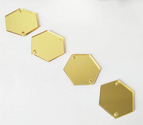 MEYA Sew On Hexagon Acrylic Mirror Beads, Mirror Diamante Rhinestone Crystal Flat Back Mirror Beads with Hole (Gold)