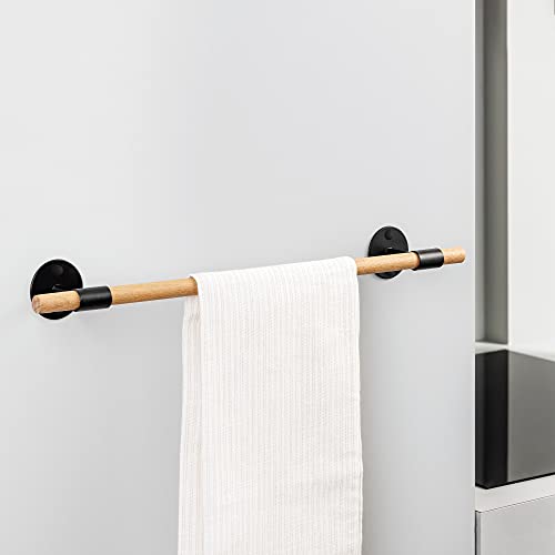 Navaris Wall Mounted Towel Rail - Screw-On Wooden Bamboo Single Shower Towel Holder Bar for Bathroom or Kitchen Tea Towels - 43.5cm Long