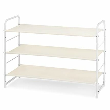 Simple Trending 3-Tier Stackable Shoe Rack, Expandable & Adjustable Fabric Shoe Shelf Storage Organizer, White
