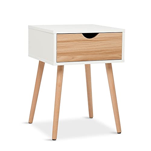 Mondeer Bedside Table with 1 Drawer Side Cabinet Storage Cabinet Scandinavian Style for Bedroom Living Room 40D x 40W x 56H cm, White + Oak