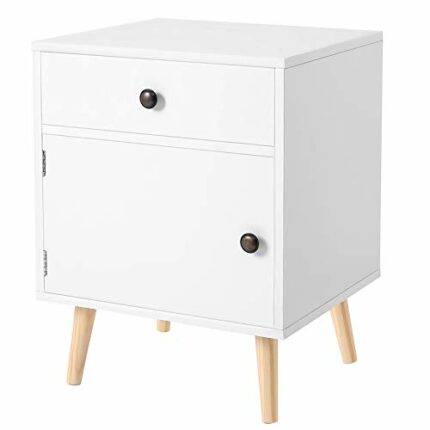 VASAGLE Side, End Table, Nightstand with 1 Drawer and 1 Storage Cabinet, Pine Wood Legs, Durable, for Bedroom, Living Room, Office, White LET073W