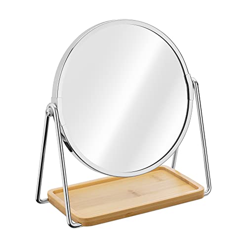 Navaris Tabletop Mirror with Tray - Double-Sided 1x/2x Magnifying Makeup Mirror with Bamboo Base - For Dressing Table, Bathroom, Bedroom - Black