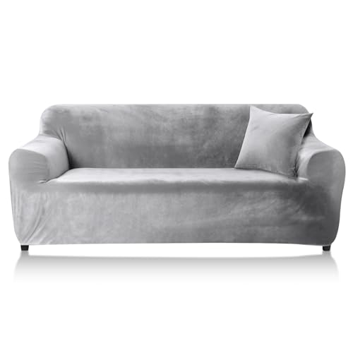 Yeahmart Thick Sofa Covers 1/2/3 Seater Pure Color Sofa Protector Velvet Easy Fit Elastic Fabric Stretch Couch Slipcover (Silver Grey, 3 Seater 1