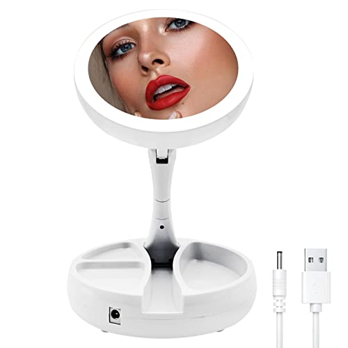Lighted Makeup Mirror with Magnification, 1x/10x Magnifying 21 Led Lights Travel Makeup Mirror, Double Sided Compact Mirror with Light, Vanity Mi