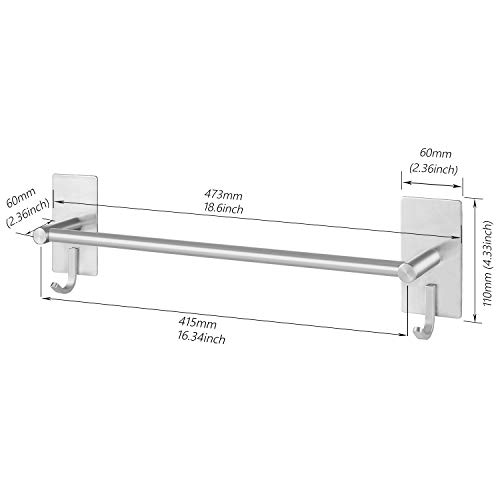 JS Towel Rail Wall Mounted SUS304 Stainless Steel Towel Holder Self Adhesive with 2 Hooks Stick on Towel Rack for Bathroom Shower Kitchen