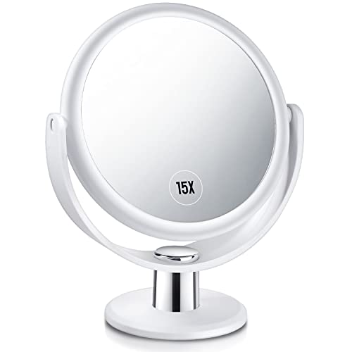 Magnifying Makeup Mirror, 1X 15X Double Sided Magnification Mirror, 360 Degree Rotation Table Mirror, White