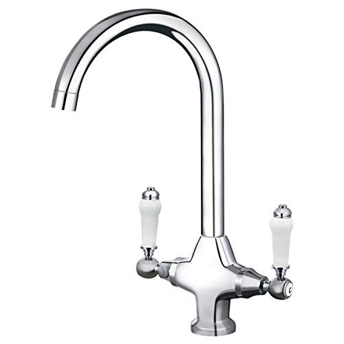 Funime Traditional Kitchen Sink Mixer Tap Elegant Ceramic Dual Lever Monobloc Swivel Spout Chrome, Classic