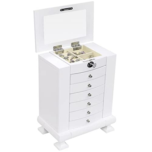FGHOEV Handcrafted Wooden Jewelry Box Organizer Wood 7 Layers Case with 6 Drawers-White