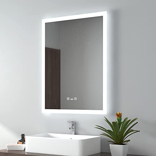EMKE 450 X 600 mm Backlit Illuminated Bluetooth Bathroom Mirror with Shaver Socket, Wall Mounted Multifunction Bathroom Vanity Mirror with LED Li