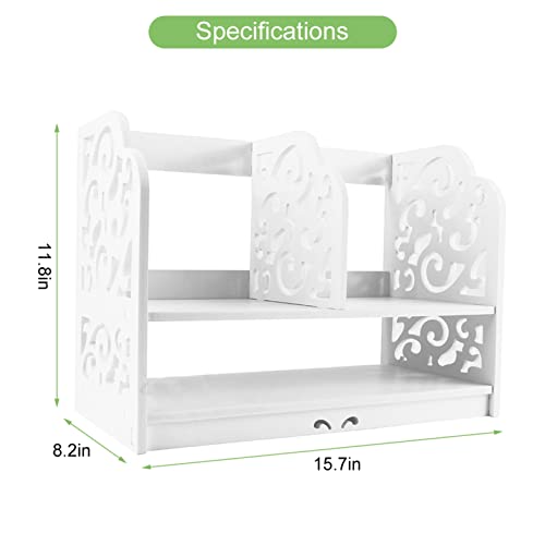 lyrlody Desktop Bookcase,2Tier DIY Wood Baroque Carve Desktop Organizer PVC Desk Book Shelf Storage Holder Rack Small Cosmetics Display Standing