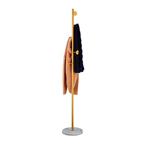 Relaxdays Coat Rack, with Marble Base, Standing Wardrobe with 5 Hooks, Hallway Storage, HxØ: 172 x 29 cm, Black/Gold