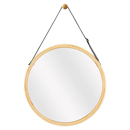 Navaris Round Hanging Mirror - Small Bamboo Wall-Mounted Contemporary Modern Design Mirror with Adjustable Strap for Living Room, Bedroom, Hallwa